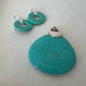 Turquoise And Sterling Silver Pendant + Matching Round Dangle Earrings No Chain